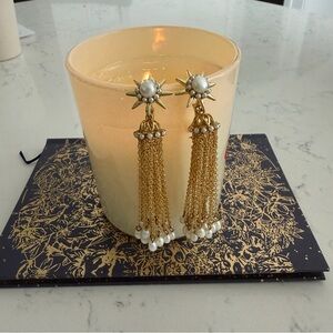 Dior-Inspired Gold Pearl Starburst Tassel Earrings